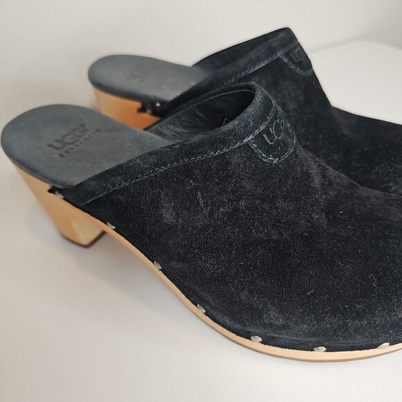UGG Shoes - Ugg Women's Black Wooden Studded Heel Suede Heels Size 6 Fleece‎ Lined